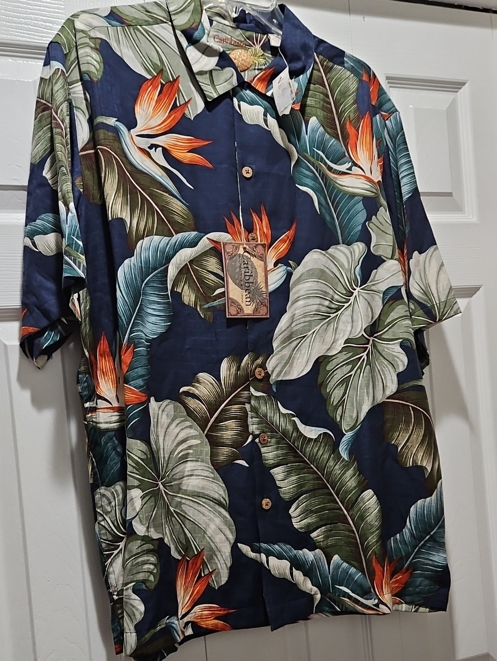 Caribbean Joe Navy Hawaiian Shirt with Green Leaf and Orange Floral Print